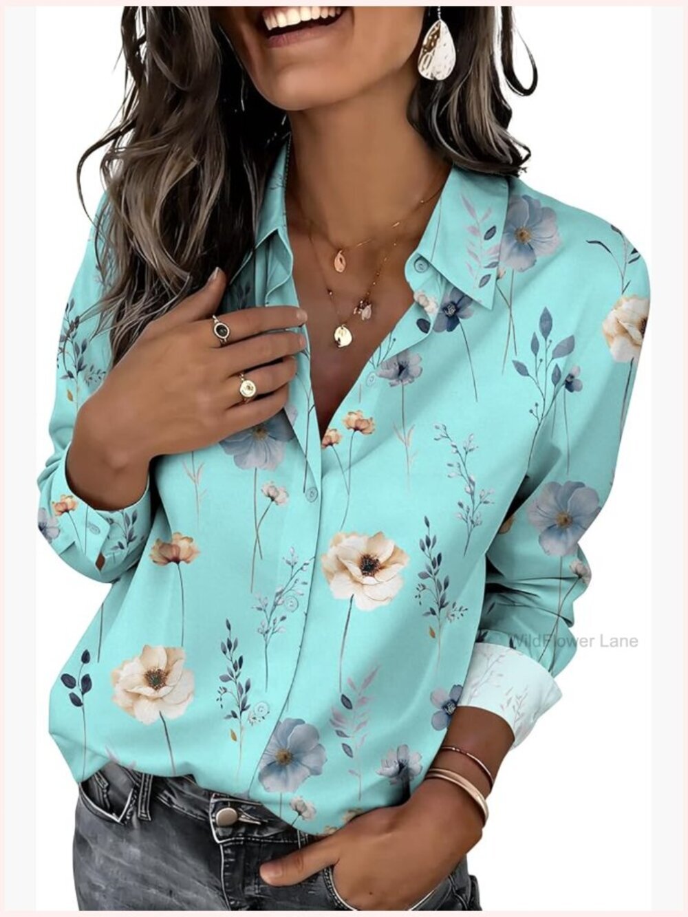 Women's Floral Long Sleeve Button Down Blouse Business Casual Tops